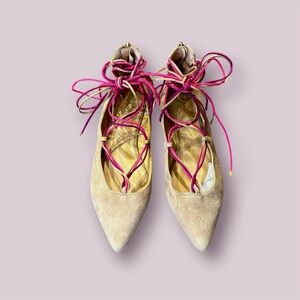 Mia Tan Suede Ballet Flats with Tan, Pink and Purple Laces Women Size 8.5